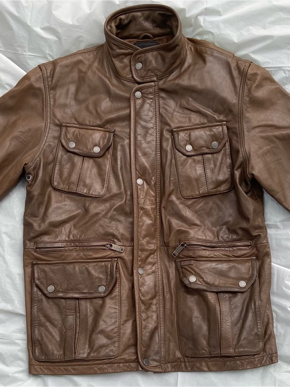 Vintage Tumi genuine Leather Brown Field Jacket with Black Logo Patch